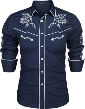 COOFANDY Men's Western Cowboy Shirt Long Sleeve Embroidered Shirt Slim Fit Cotton Casual Button Down Shirt