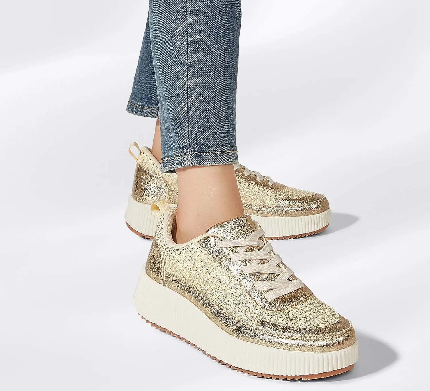 LUCKY STEP Women's Platform Sneakers Rhinestone Fashion Chunky Casual Sparkly Retro Braided Walking Shoes