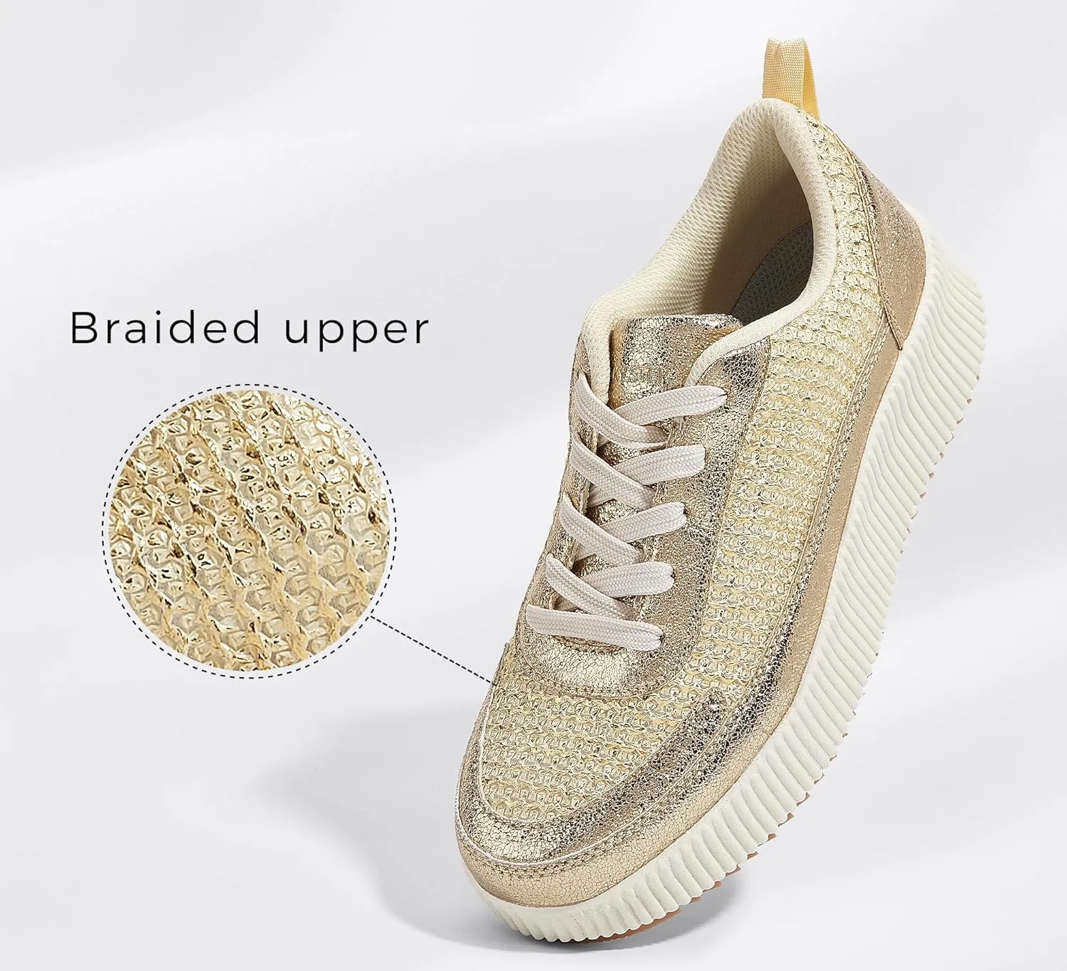 LUCKY STEP Women's Platform Sneakers Rhinestone Fashion Chunky Casual Sparkly Retro Braided Walking Shoes