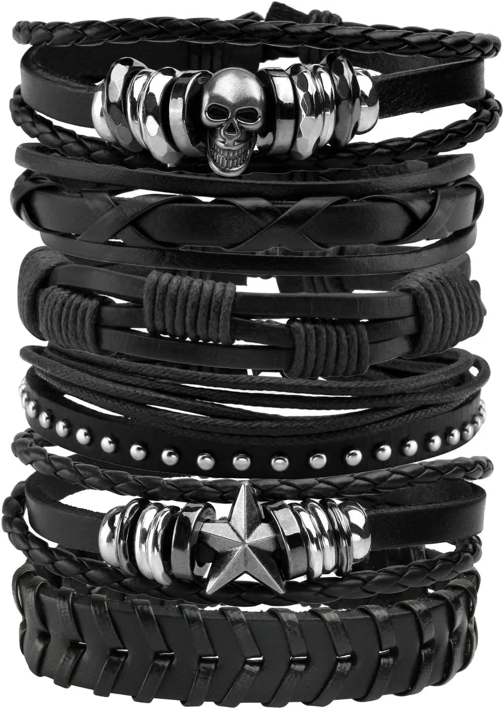 MILAKOO 6Pcs Punk Leather Bracelets for Women Men Braided PU Wristband Skull Skeleton Accessories