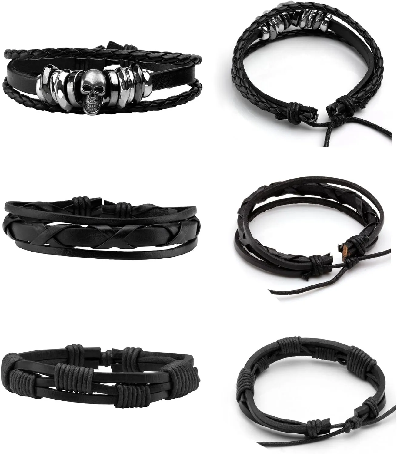 MILAKOO 6Pcs Punk Leather Bracelets for Women Men Braided PU Wristband Skull Skeleton Accessories