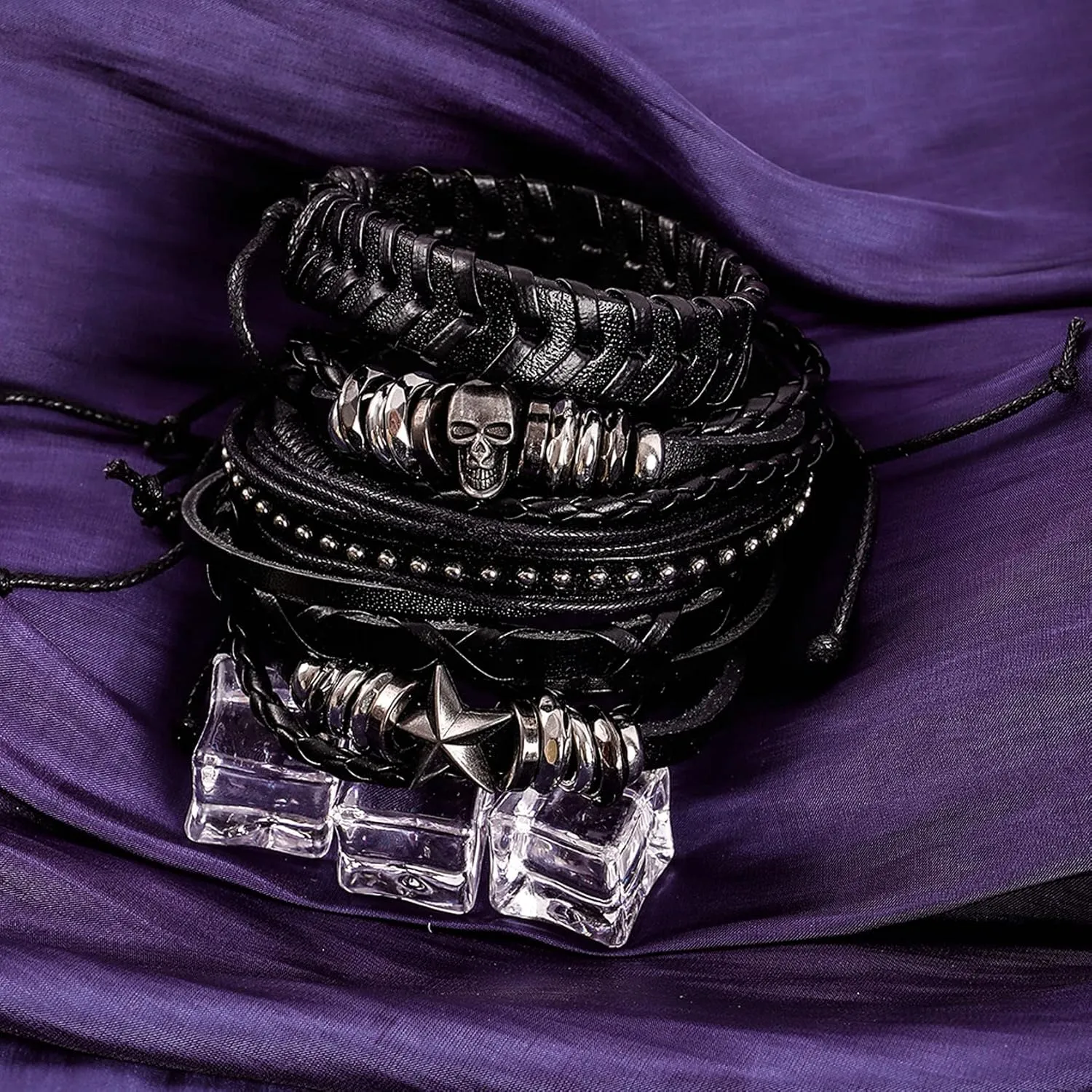 MILAKOO 6Pcs Punk Leather Bracelets for Women Men Braided PU Wristband Skull Skeleton Accessories