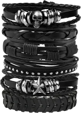MILAKOO 6Pcs Punk Leather Bracelets for Women Men Braided PU Wristband Skull Skeleton Accessories