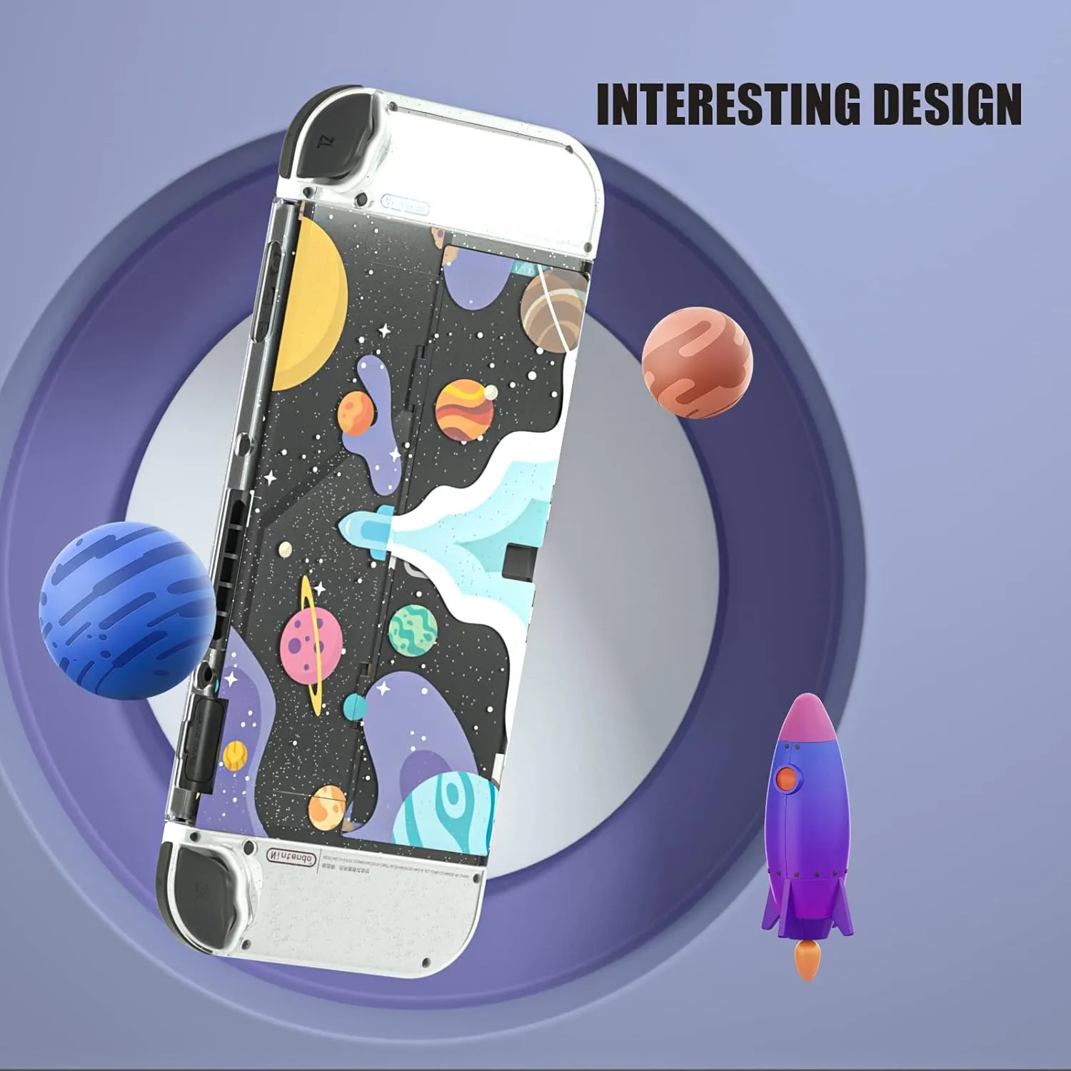 NANANINO Switch OLED Case and Screen Protector, Switch OLED Clear Glitter Case with Cute Thumb Grips - Space Theme
