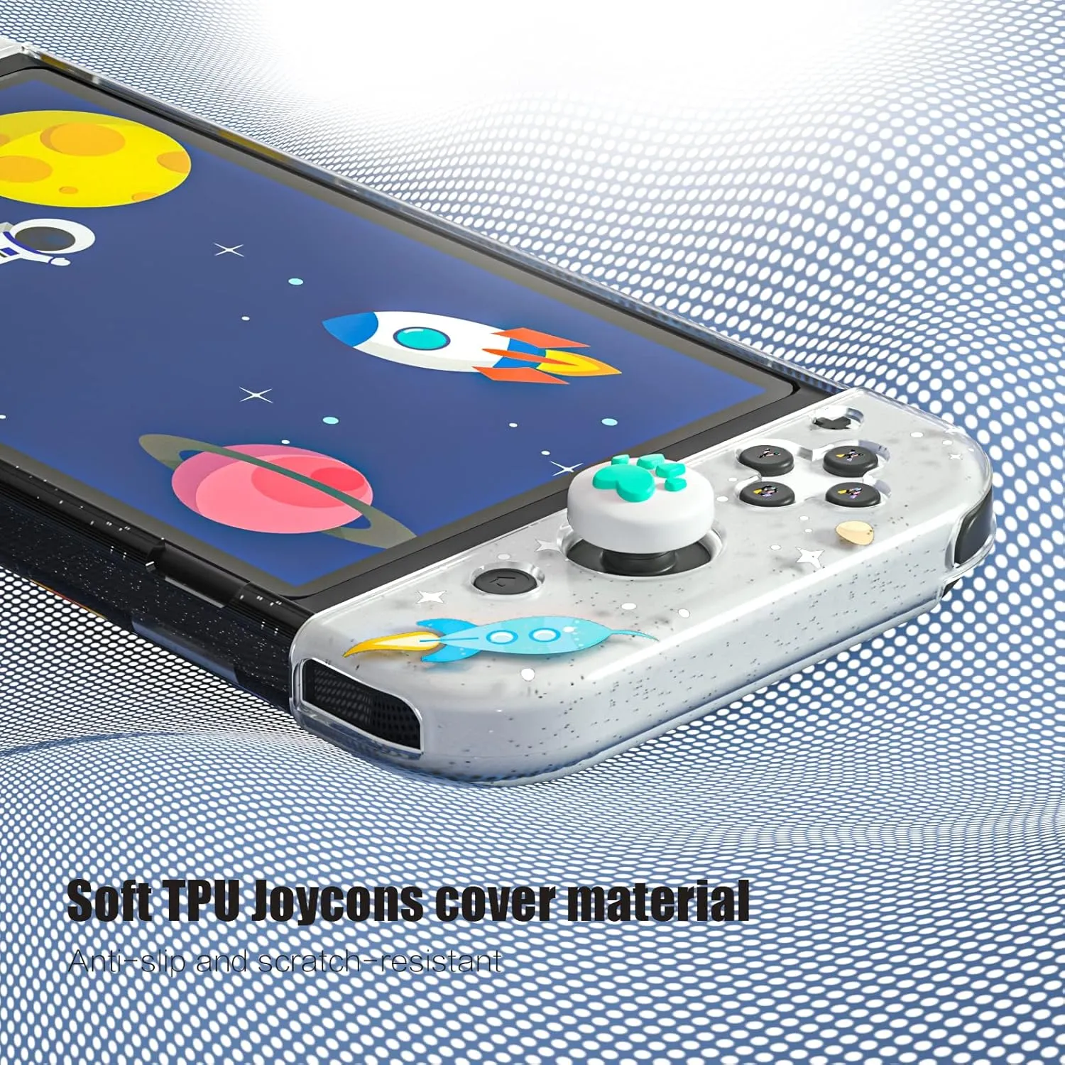 NANANINO Switch OLED Case and Screen Protector, Switch OLED Clear Glitter Case with Cute Thumb Grips - Space Theme