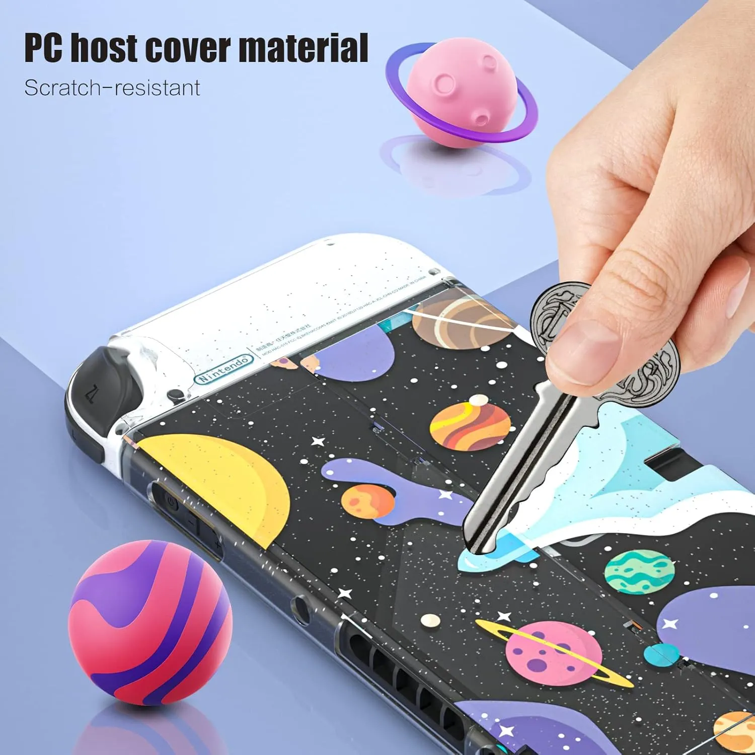 NANANINO Switch OLED Case and Screen Protector, Switch OLED Clear Glitter Case with Cute Thumb Grips - Space Theme