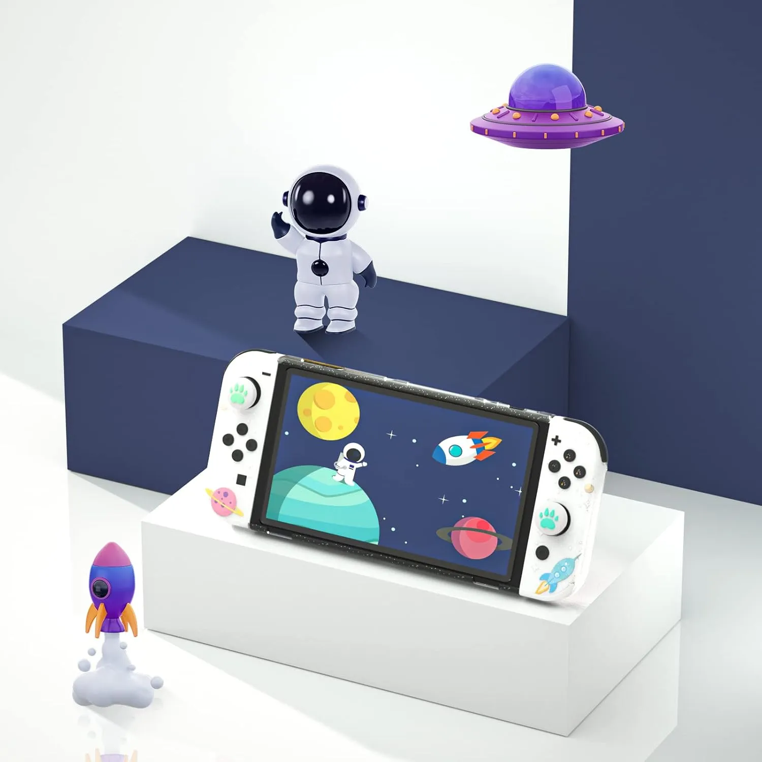 NANANINO Switch OLED Case and Screen Protector, Switch OLED Clear Glitter Case with Cute Thumb Grips - Space Theme