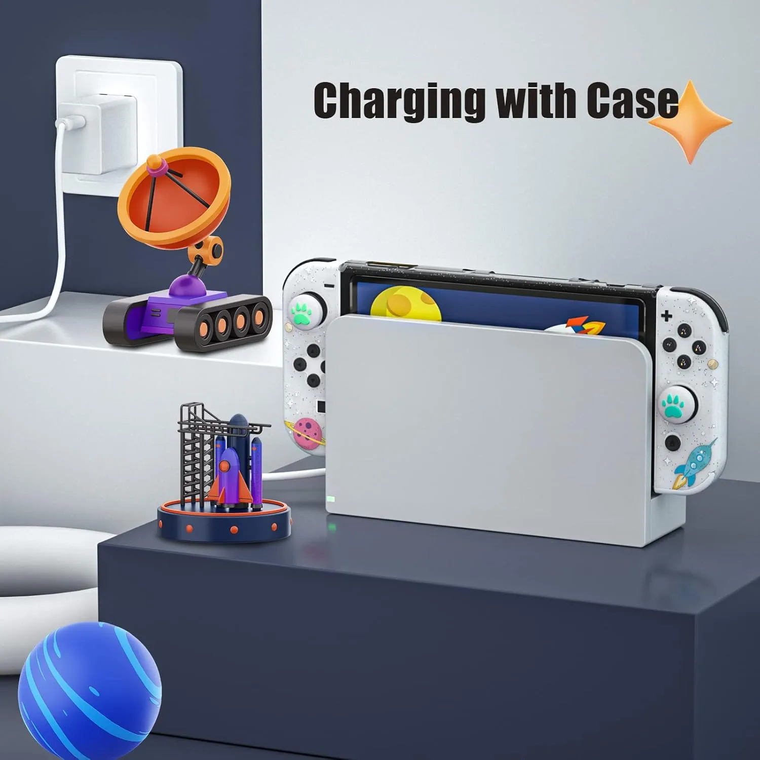 NANANINO Switch OLED Case and Screen Protector, Switch OLED Clear Glitter Case with Cute Thumb Grips - Space Theme
