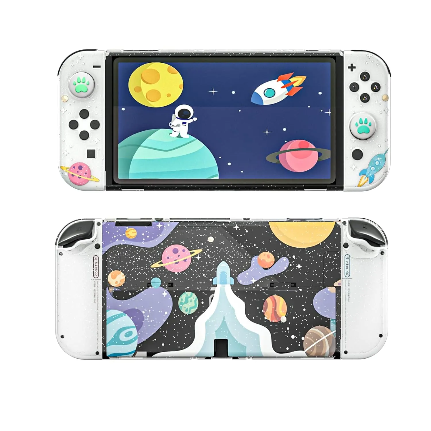 NANANINO Switch OLED Case and Screen Protector, Switch OLED Clear Glitter Case with Cute Thumb Grips - Space Theme
