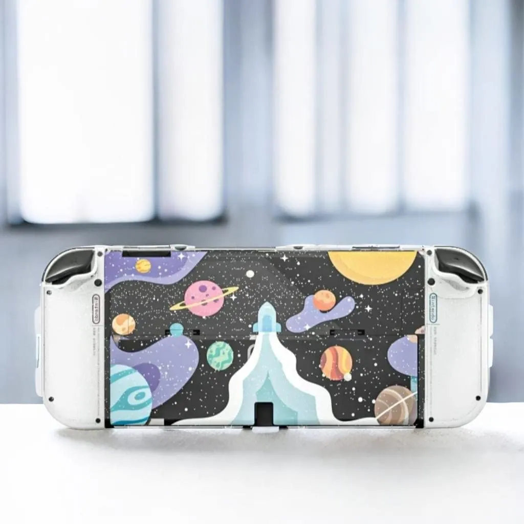 NANANINO Switch OLED Case and Screen Protector, Switch OLED Clear Glitter Case with Cute Thumb Grips - Space Theme