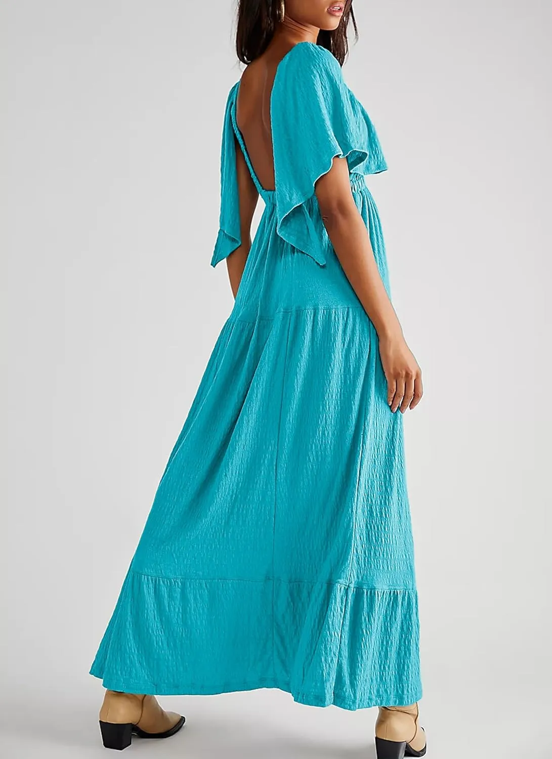 Women Summer Dresses Sexy V-Neck Maxi Dress Tiered Silhouette with Flutter Sleeve Backless Elastic Waist Flowy Dress